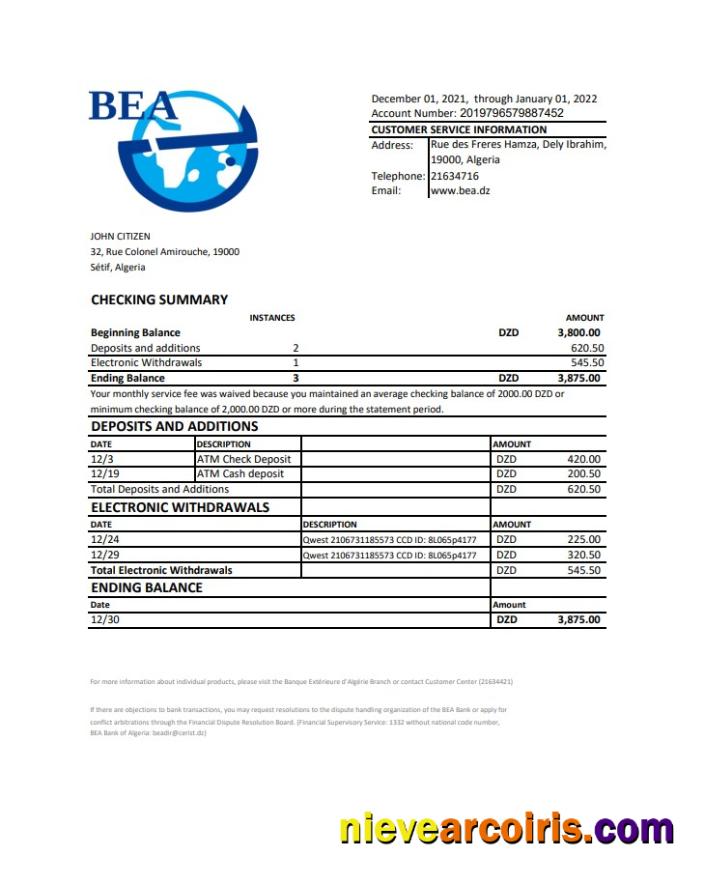 Algeria Banque extérieure d’Algérie bank statement in Excel and PDF format